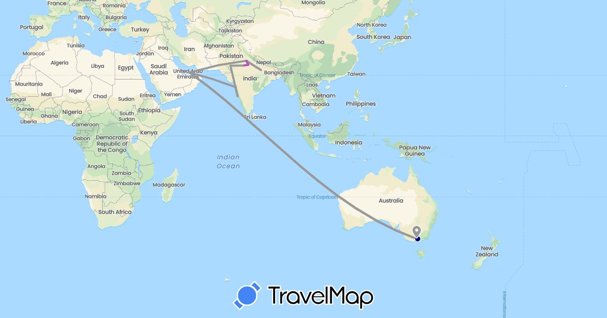 TravelMap itinerary: driving, plane, train in United Arab Emirates, Australia, India (Asia, Oceania)